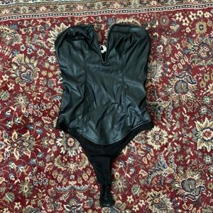 Deep V Faux Leather Bodysuit